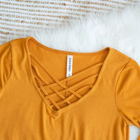 ZENANA MUSTARD FALL YELLOW 3/4 SLEEVE BRAIDED CAGE FRONT TUNIC TOP - Picture 4 of 9